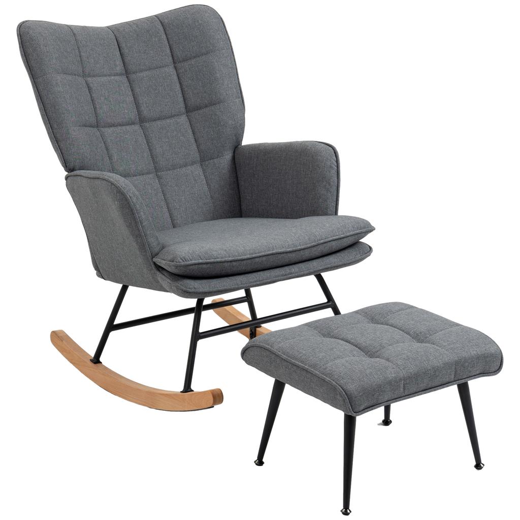 Rocking Chair with Stool, comfortable, up to 130 kg, Linen Look, 64x89x90cm, Grey