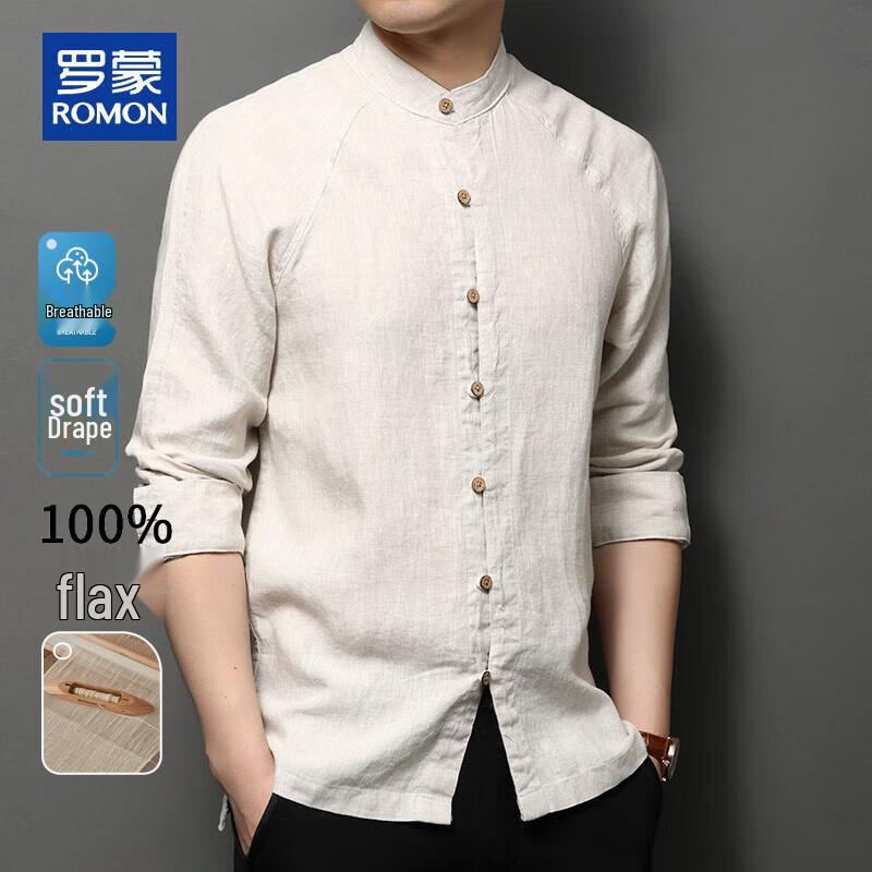 ROMON Men's 100% Linen Stand-Up Collar Long Sleeve Shirt