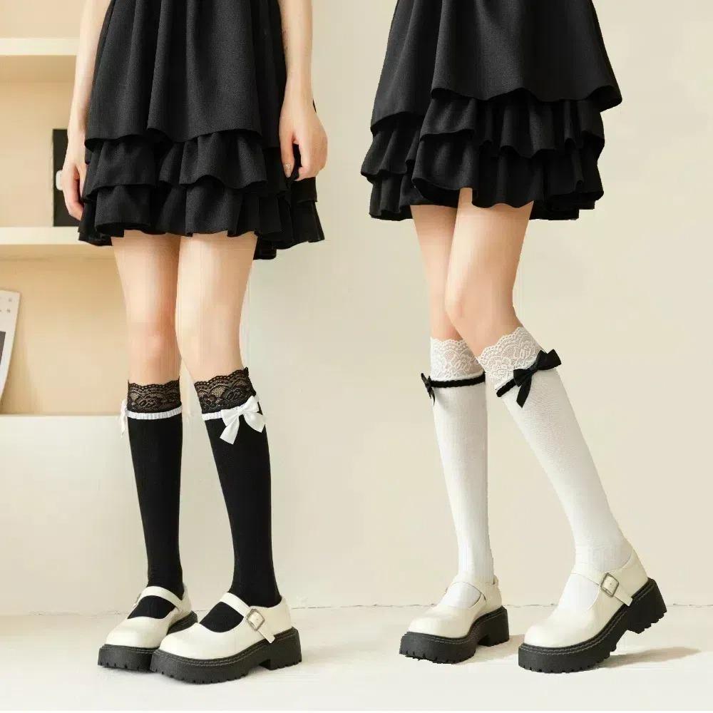 

4Pairs Black Lace Bow Stockings Elastic JK Lolita Stockings Breathable Calf Socks Women/Girls 4Pairs White