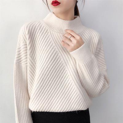 Autumn and Winter Women's Sweater Pullover Half-high Neck Knit Sweater Loose Round Neck Solid Color Diagonal Striped Long-sleeved Bottoming Shirt