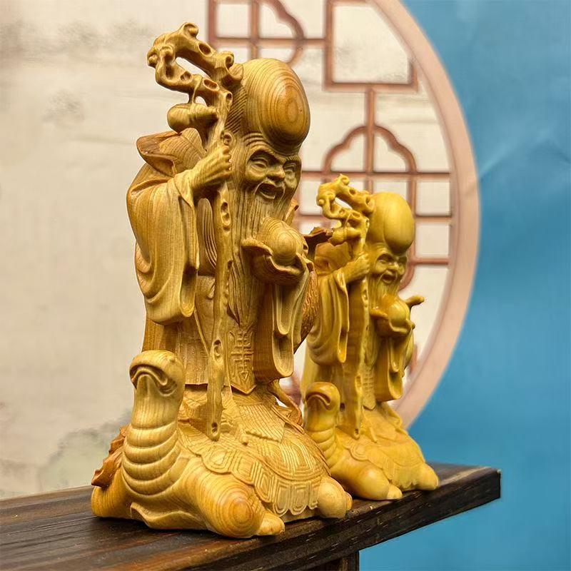 Natural Cypress Riding Turtle Longevity Star sculptures and figurines wood carving  Home Room Office Wealth Luck Feng Shui Decor
