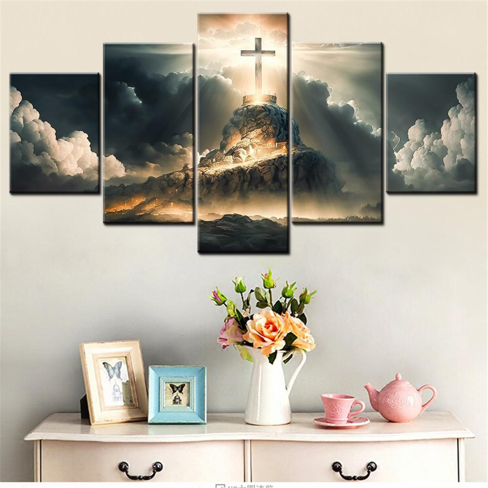 

5 Pieces Canvas Wall Arts Poster Painting Cars Radiant Cross In The Divine Light Wallpaper Home Decor Picture Printing Artwork 20X35 20X45 20X55CM
