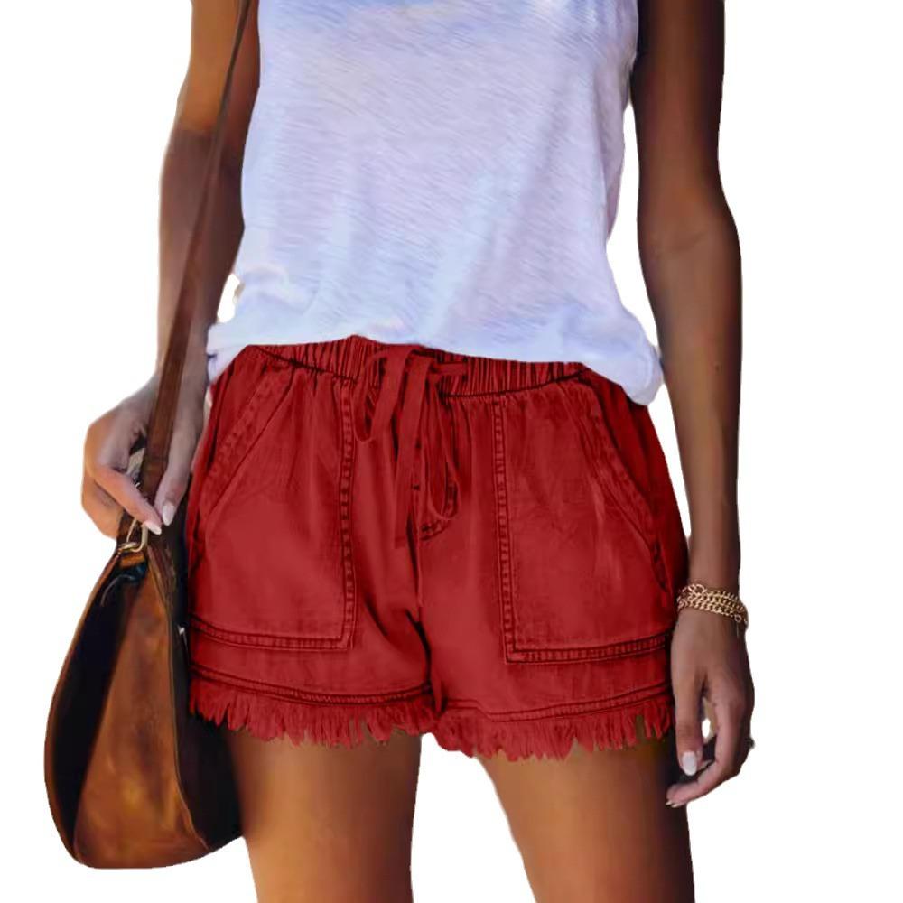 New Elastic Waist Casual High Waist Loose Slimming Fringe Denim Shorts For Women