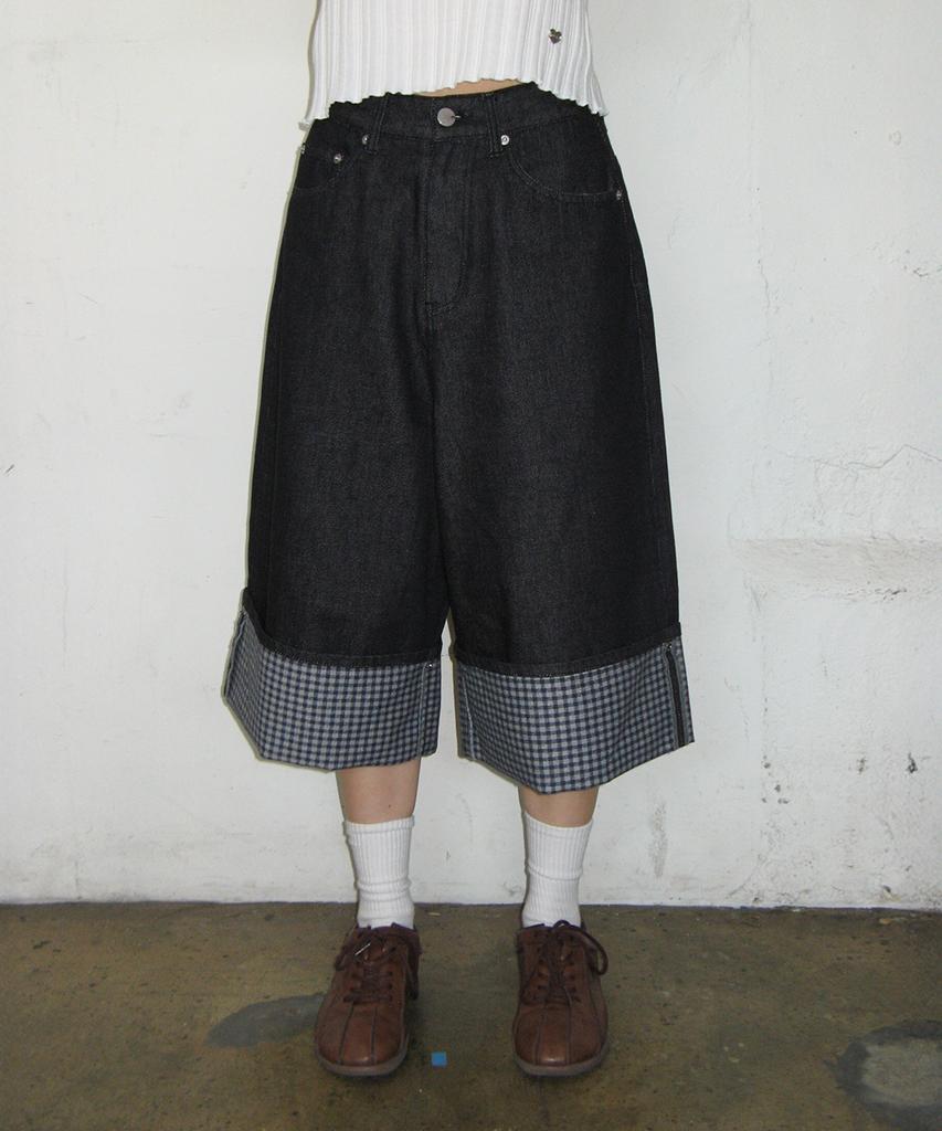 RONRON Check Combi Bermuda Denim Pants Indigo Blue