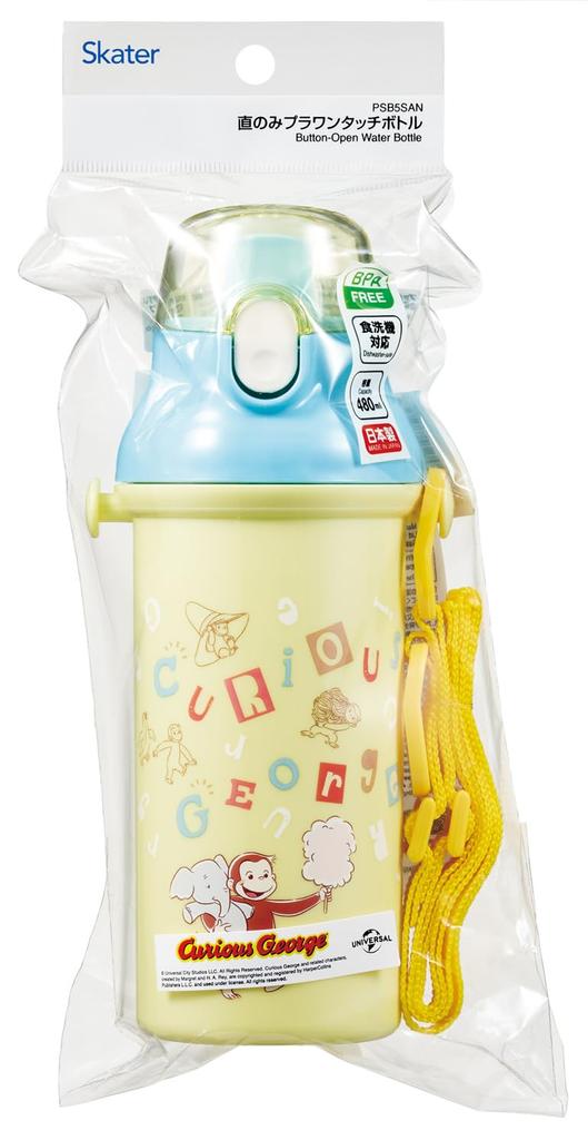 Skater Direct Drinking Water Dishwasher Made in Curious George Alphabet Children's Bottle, Plastic, 480ml, One-Push Opening, Safe, Japan, Design,