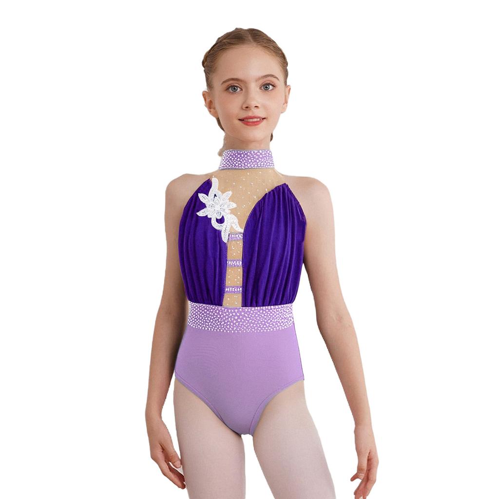 Dívčí trikot bez rukávů Třpytivé kamínky Síťovaná patchworková barevná bloková gymnastika krasobruslení Kostým