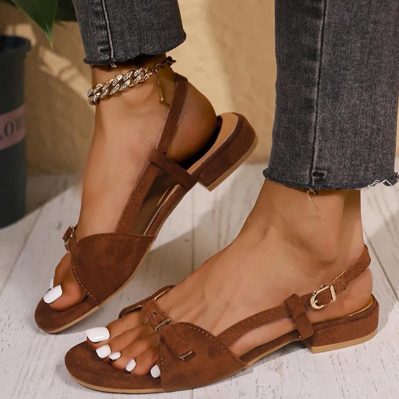 Fashion Buckle Design Open Toe Brown Sandal Women Fashion Square Sole Med Heel Sandals Woman Office Ladies Back Strap Sandalias Mujer