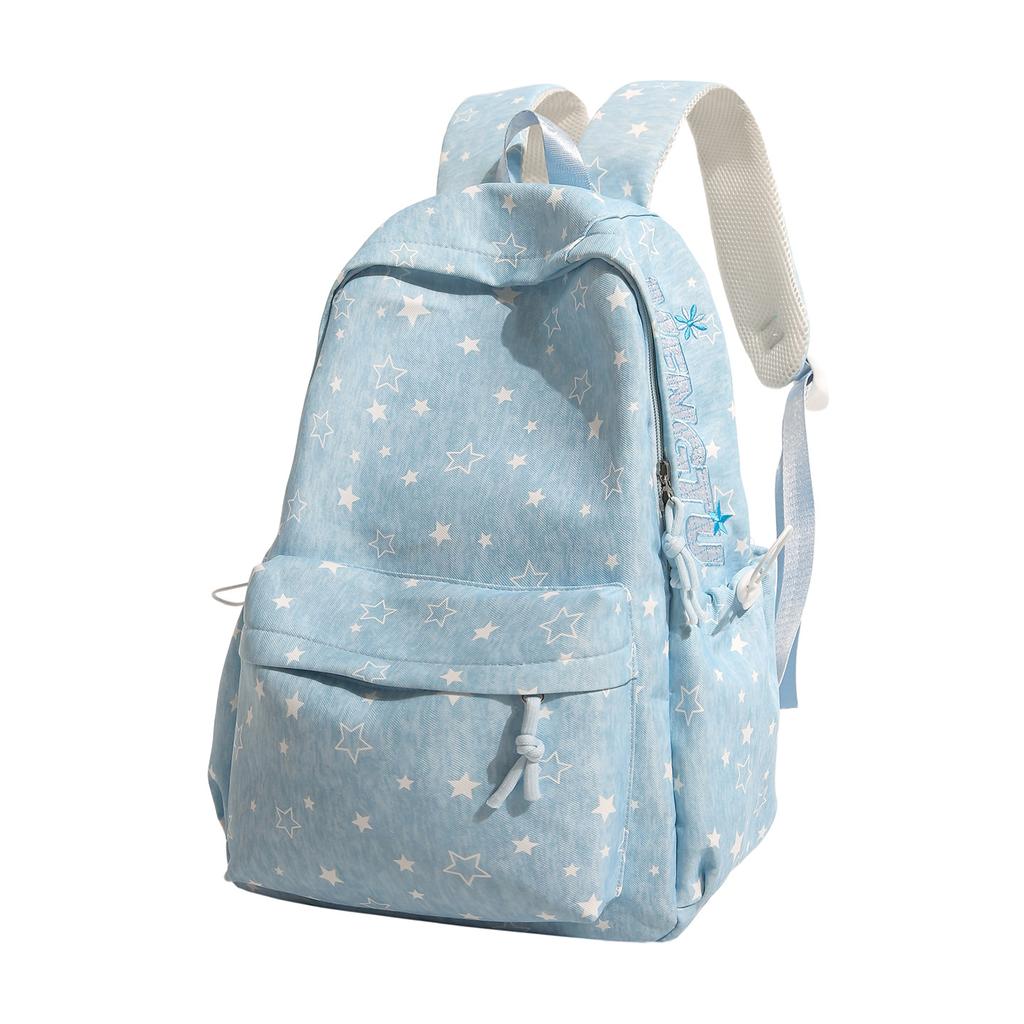 Navy Blue Star Print School Backpack with Frt Pocket Side Drawstrings Adjustable Straps Casual Daypack