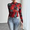 Spring and Summer Women Sheer Roses Floral Print Long-sleeved Small Stand-up Net Versatile Closet Essential Fashion Items Shirt