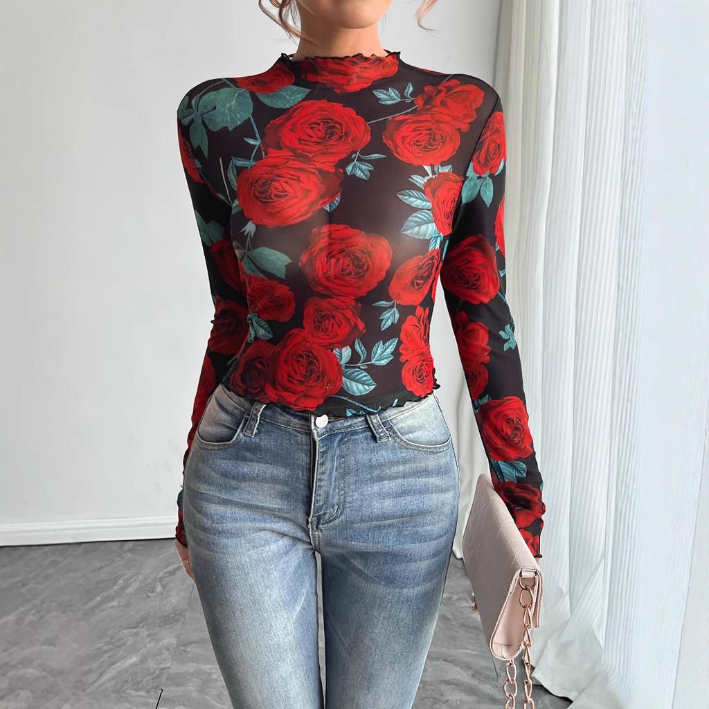 Spring and Summer Women Sheer Roses Floral Print Long-sleeved Small Stand-up Net Versatile Closet Essential Fashion Items Shirt