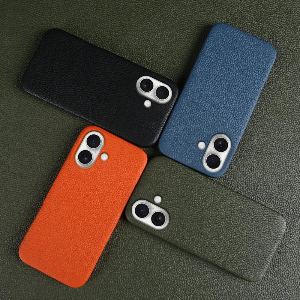 For iPhone 17 Case Compatible with MagSafe Litchi Texture Genuine Cow Leather + PC Phone Cover