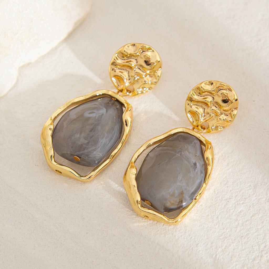 Pinkdudu French Bohemian Irregular Stone Metal Dangle Earrings Eclectic Vintage Style Statement Drops for Women Artsy & Chic PD1291