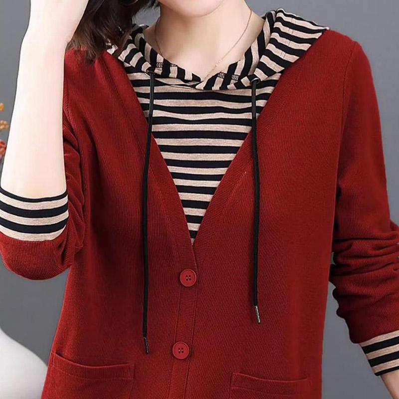 Kapşonlu kazak kadın sonbahar ve kış yanlış iki adet çizgili uzun kollu tişört büyük metre dip gömlek rahat kazak üstleri