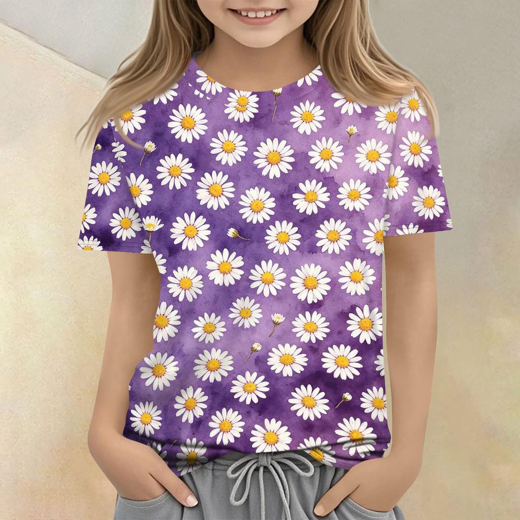 Girls Floral Print Crew Neck Short Sleeve Casual Loose Fit T Shirt Comfortable Lightweight Breathable Fabric Summer Wear