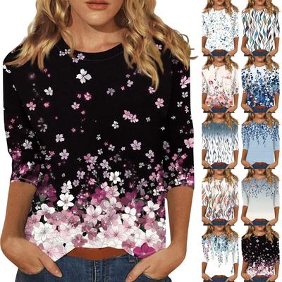 Dame Mote Casual Trekvartsermet Vintage Blomstertrykk Rund Hals Topp