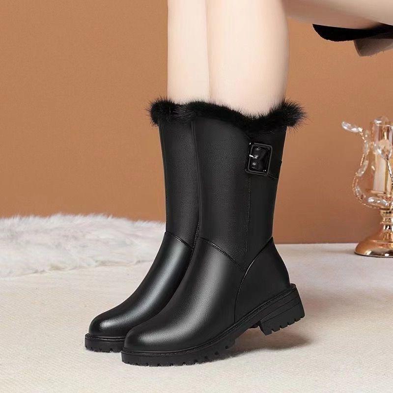 Black Round Toe Fleece-Lined Middle Heel Women's Half High Boots Autumn Winter Designer Luxury Gothic Warm Ladies Mid Calf Shoes