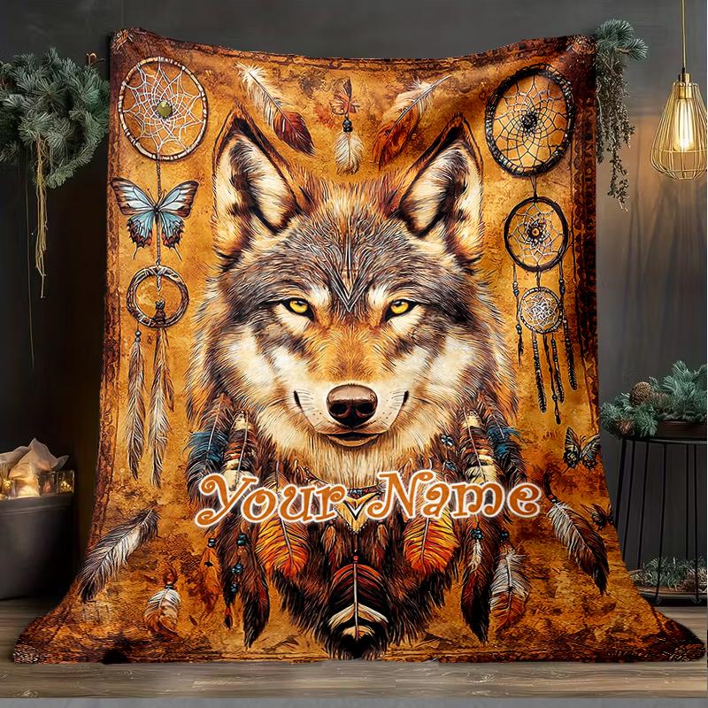 1PC Custom Name Wolf Dreamcatcher Spirit outdooor Flannel blankets Patterns Throw Blanket All-Season Soft Gift for Couch, Bed, Camping gifts