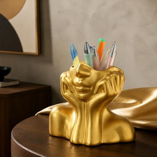 Artistic Desktop Storage Abstract Face Vase, Female Pen Holder, Makeup Brush Modern Vinyl Cup Decorative Vase Centerpiece for Living Room Table Shelf
