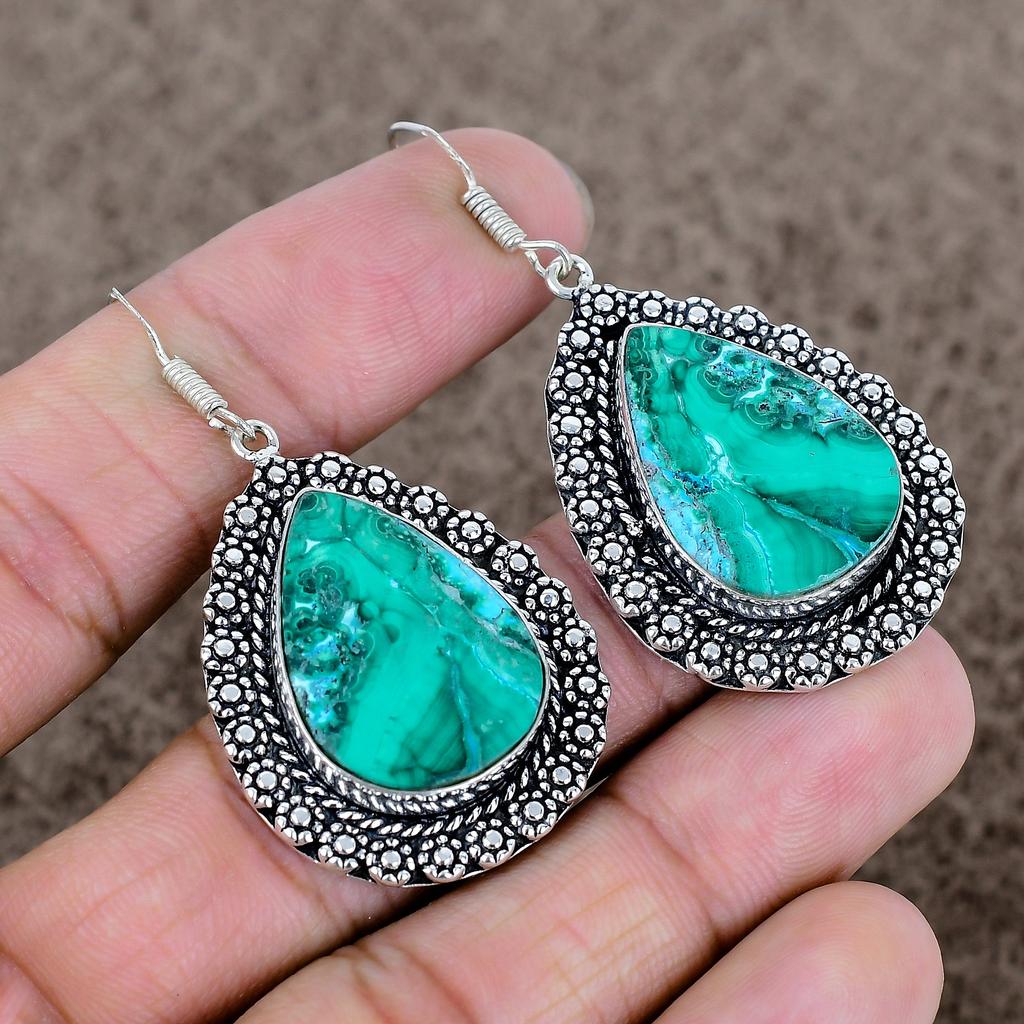 Chrysocolla Malachite Gemstone 925 Sterling Silver Jewelry Earring 2.25" KKG-707