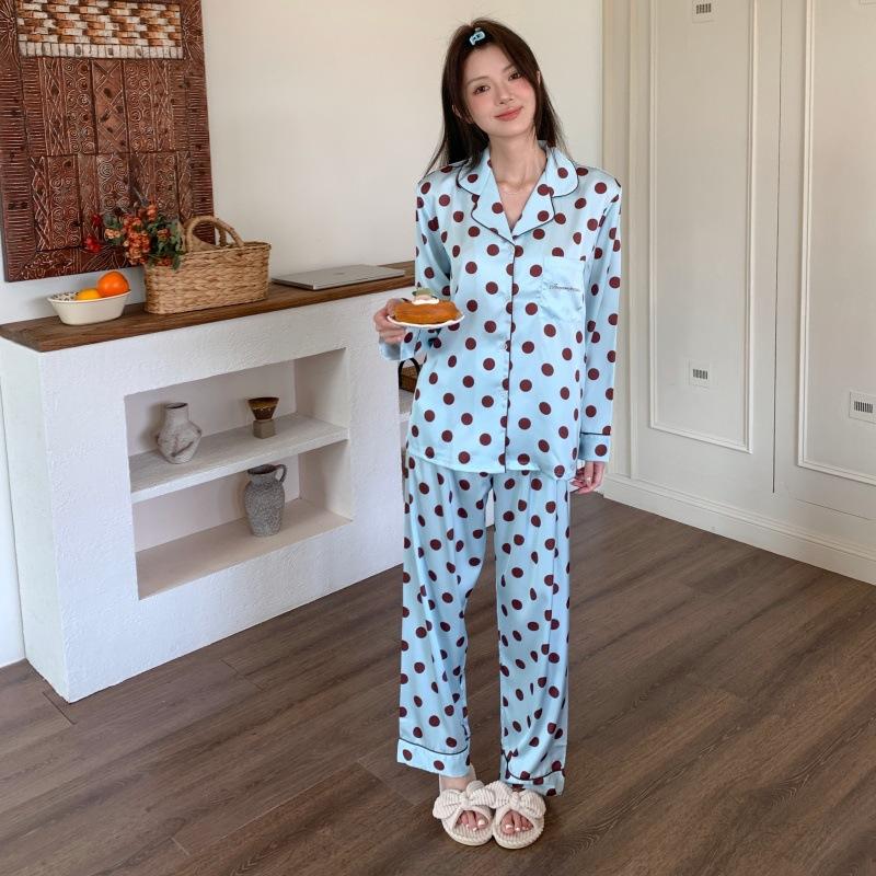 New polka dot double long-sleeved trousers can be worn outside Internet celebrity polka dot contrasting color ice silk pajamas high-end loungewear