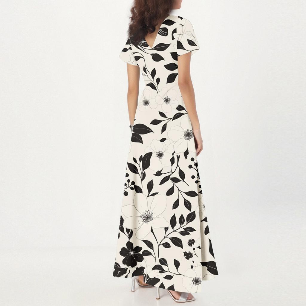 Women's Loose Casual V-Neck Short Sleeved High Waisted Floral Print Dress Floral Print Dress