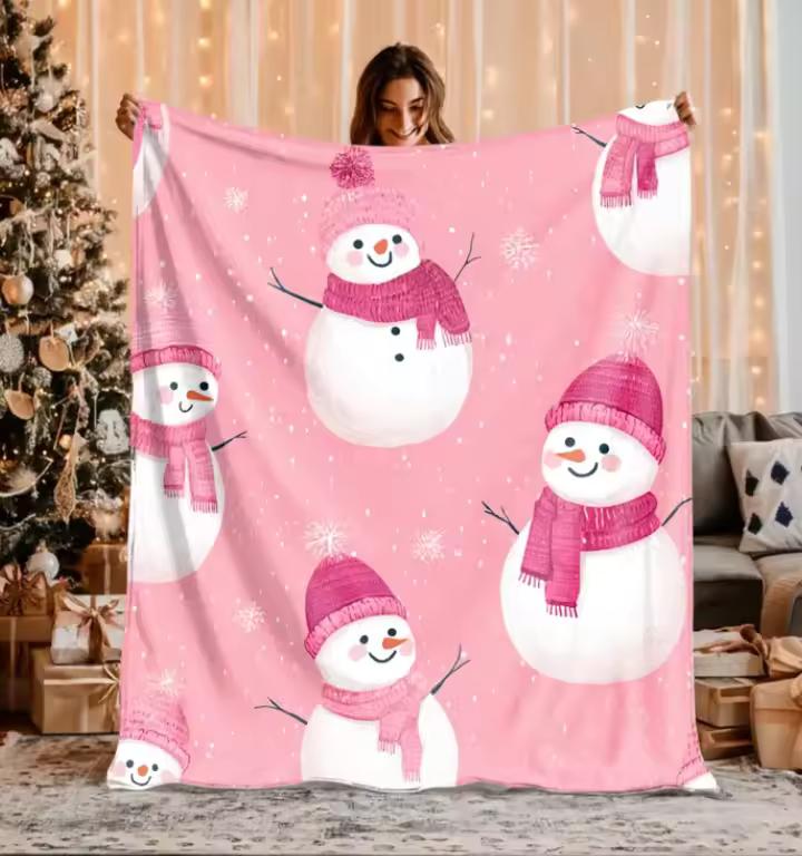 Pink Snowman Christmas or Sherpa Blanket Cute Winter Holiday Throw Cozy Soft Festive Decor Kids Xmas Gift Blankets