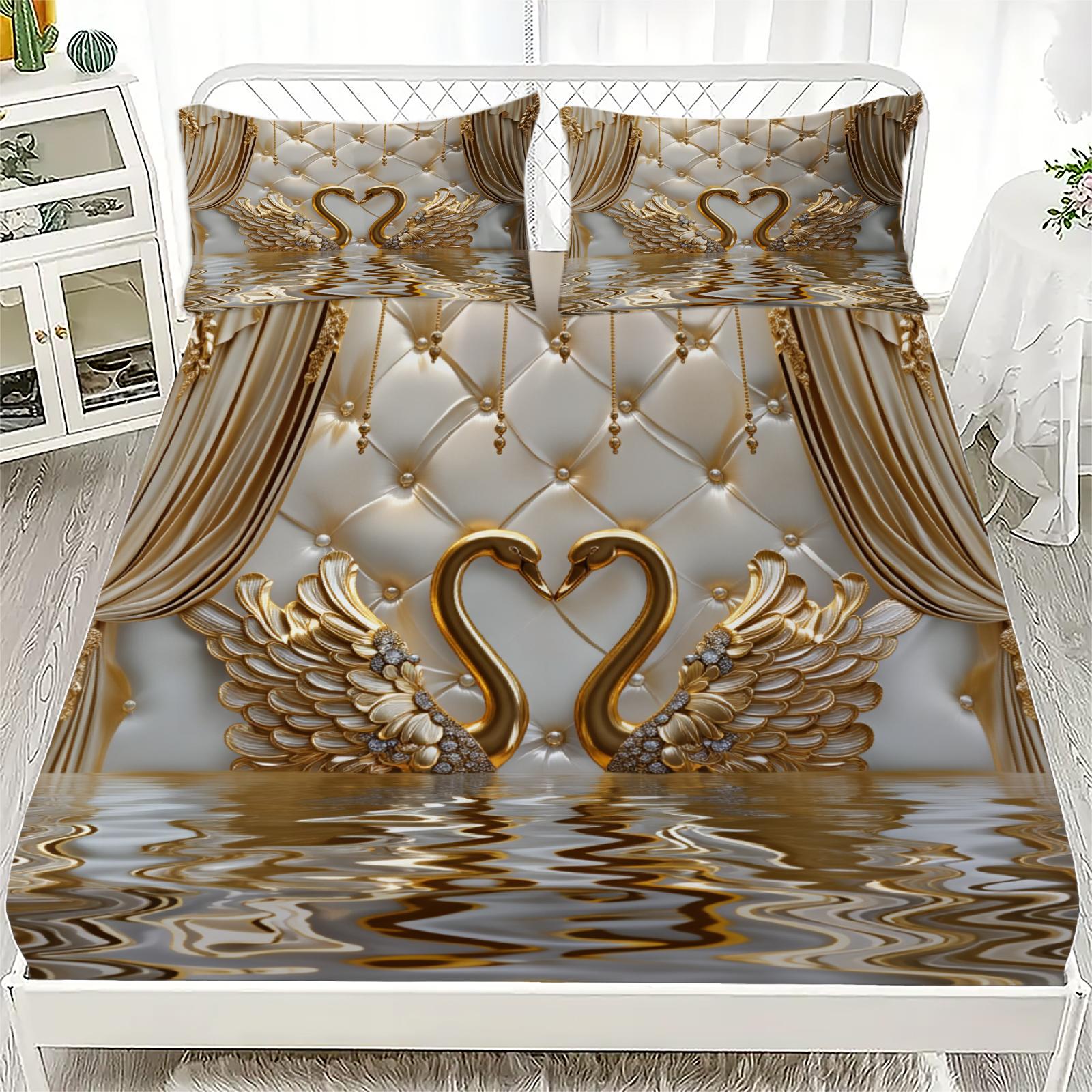 

3pcs Gold Swan Couple Fitted Sheet 3D Printed Elegant Style For Couples Flat Sheet With 2 Pillowcases Bedroom Decoration 160x200x25cm