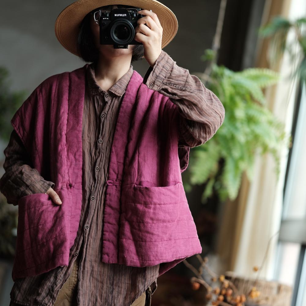 Johnature Dámské vintage kabáty Výstřih do V Bez rukávů Jednobarevné Volné oblečení Podzim Kabáty na jeden knoflík