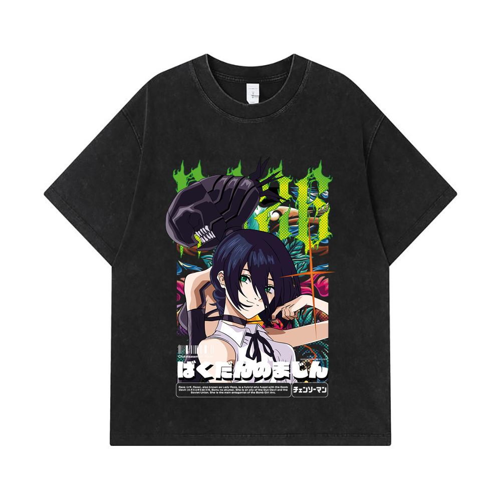 275 GSM Washed T-shirts 100% Cotton Chainsaw Man V54 Reze Print Unisex Heavy Cotton T Shirt