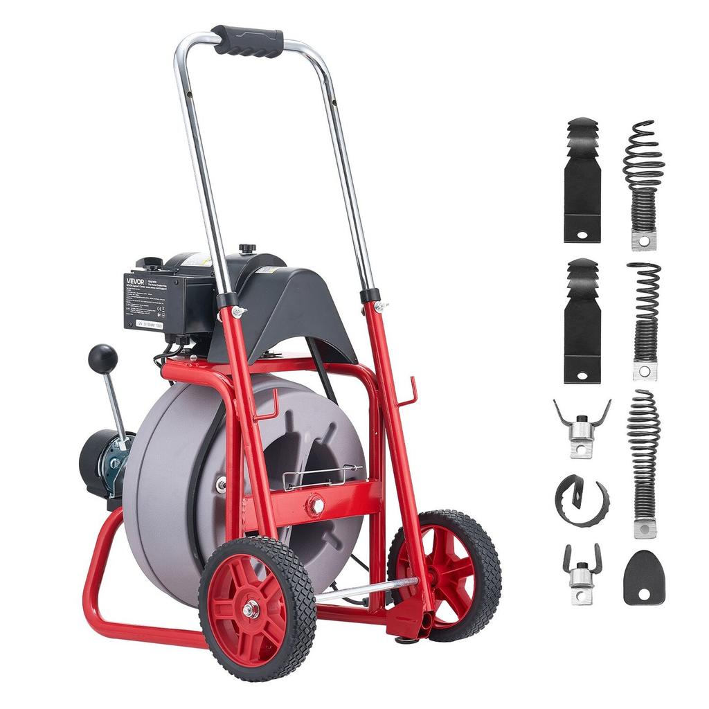 Drain Cleaner Machine 30m X 9.5mm, Auto Feed Sewer Snake Drain Auger On Wheels, Portable Drain Cleaning Machine with 8 Cutters & Air-Activated Foot