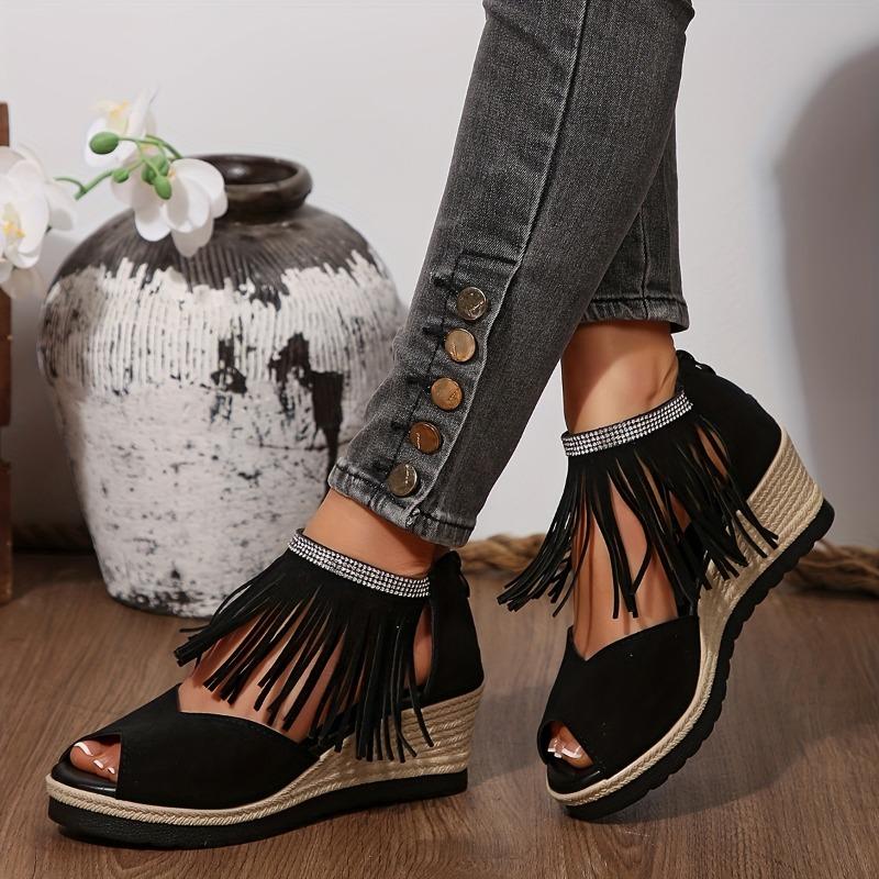 Women's Rhinestone-Embellished Wedge Sandals with Tassel Detail - Open-Toe Platform Heel, Faux Cover Upper & Sole, Thick Cushioned Sole