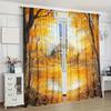 2pcs Autumn Maple Leaf & Cottage Scenery Curtains - 100% Polyester   Ginkgo Tree & Castle Print   Semi-Transparent   Machine Washab