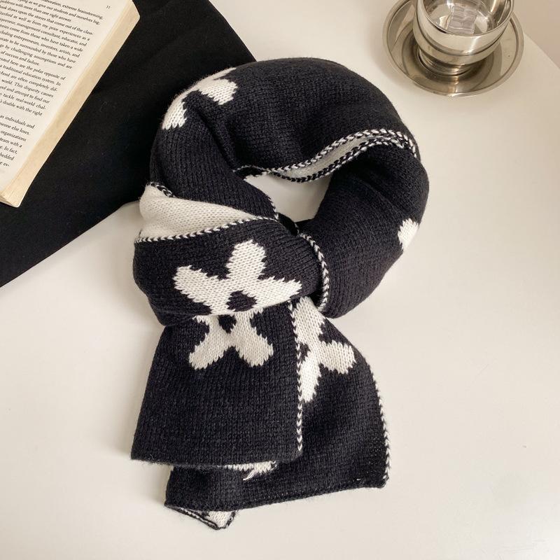 New flower solid color soft waxy knitted wool scarf female autumn and winter student versatile warm scarf
