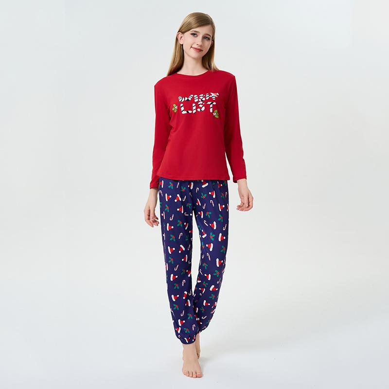 

Женский европейский и американский комплект для отдыха с рождественским принтом: Эластичный домашний костюм с длинным рукавом и круглым вырезом 2025 L красный