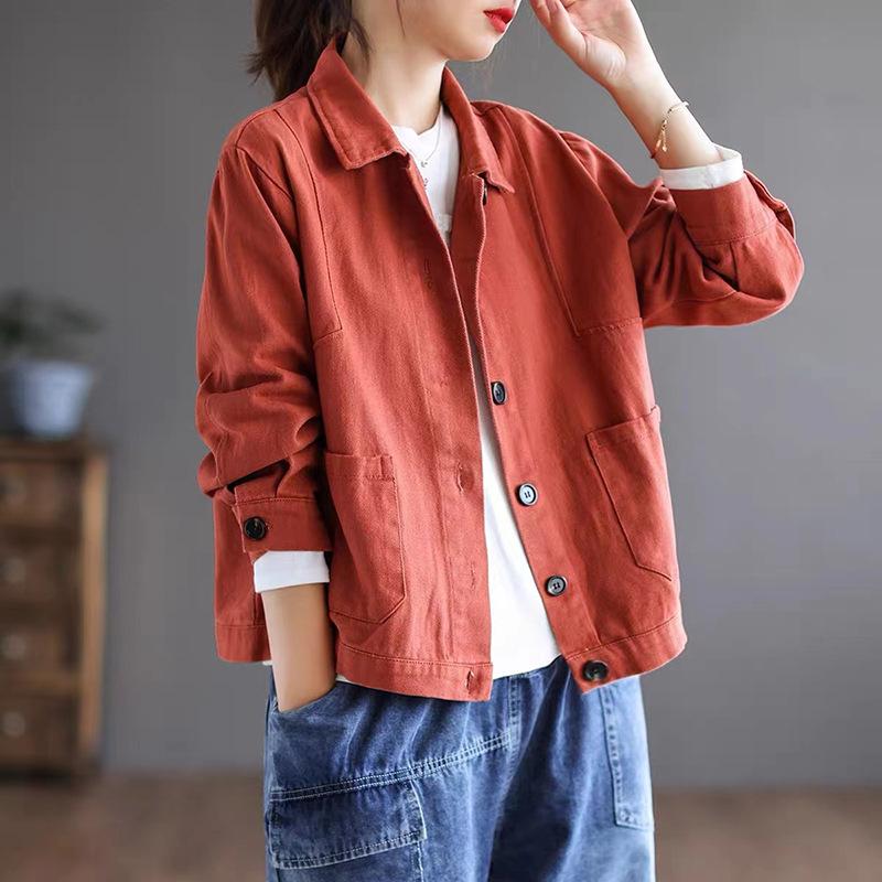 Spring and Autumn Cotton Long-sleeved Jacket Women's Literary Loose and Thin Lapel Short Top