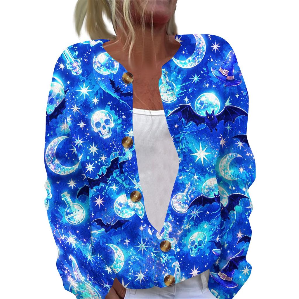 Women's Halloween Print Long Sleeve Knit Cardigan Button Up Sweater Lightweight Casual Outerwear for Fall and Winter Seasonal Wear