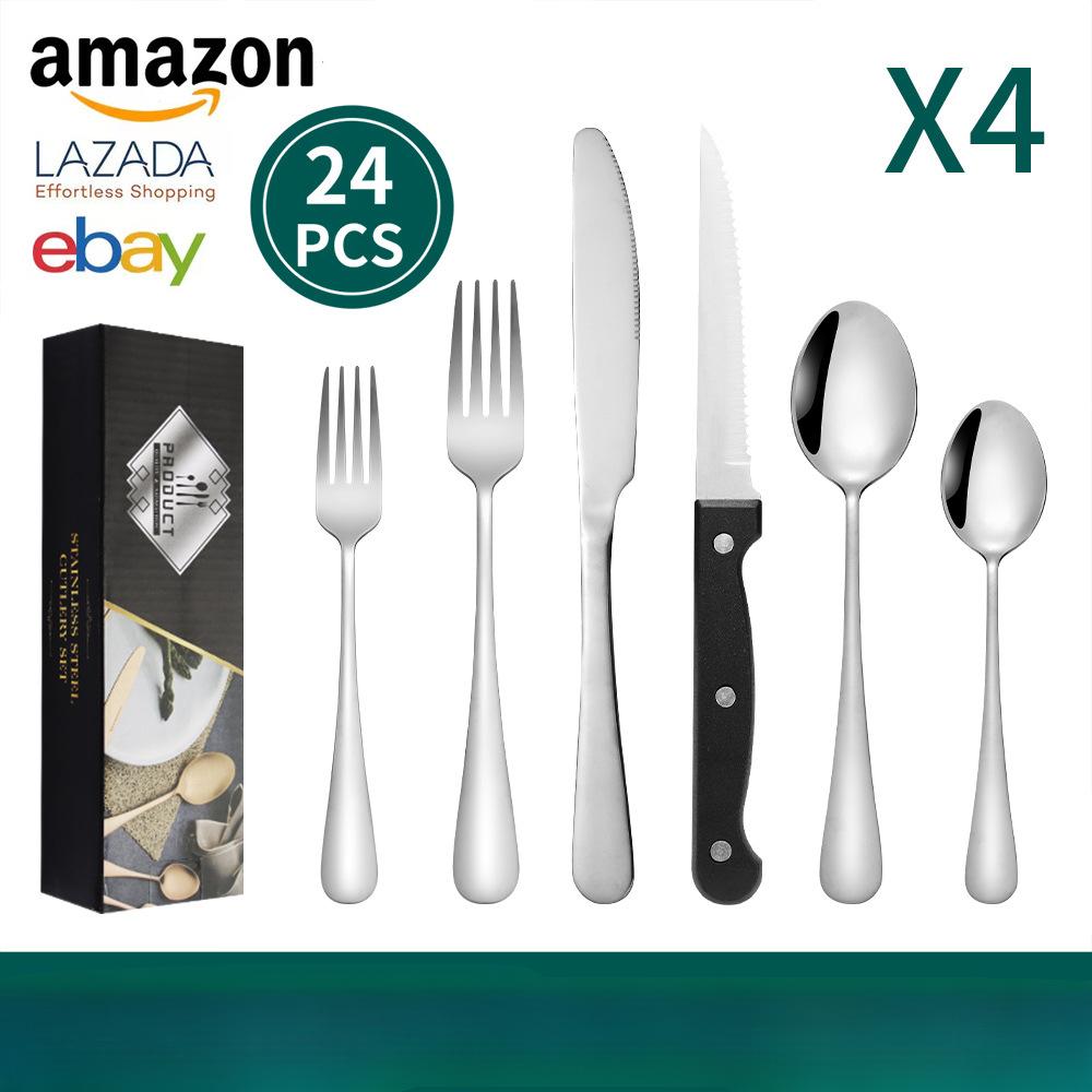 

1010 Нож, вилка и ложка, набор посуды из нержавеющей стали, столовая посуда из 24 предметов, нож для стейка, вилка и ложка 24*7*5 серебряный