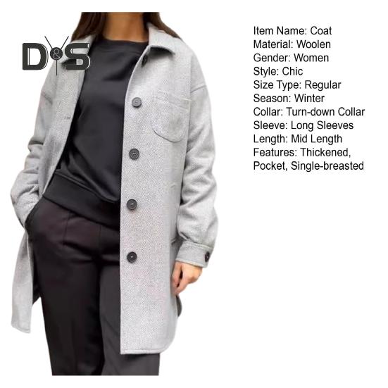 Dámské zimní kabát s odepínacím límcem Kapsy Pure Color s kapsou na hrudi Cardigan Volný střih Outwear Tepelné dlouhé rukávy Zimní bunda na dojíždění Randění