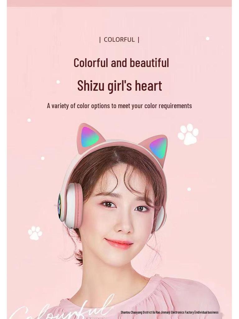 N28 Bluetooth Cat Ear Headphones for Girls - Pink, Luminous, Wireless, Colorful Lights