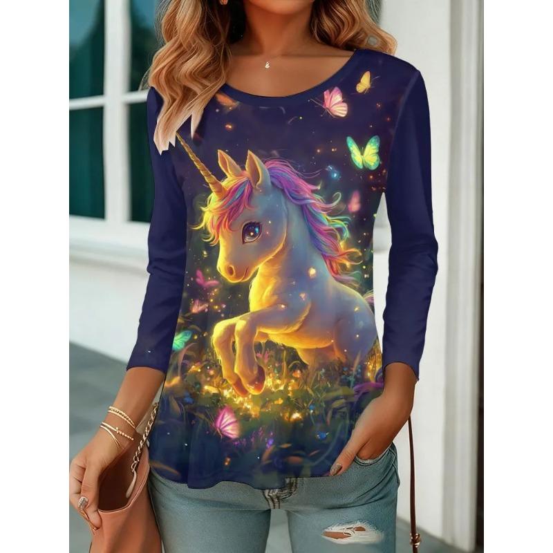 Autumn and Winter Women's Animal 3D Printed Crew Neck Long Sleeve T-Shirt