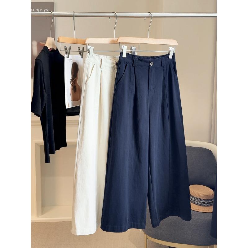 

Spring new Korean version retro elastic high-waisted washed cotton wide-leg pants women s loose and thin silhouette versatile casual trousers L тёмно-синий