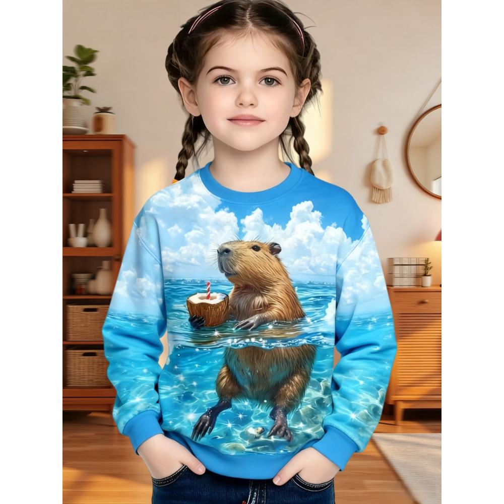 Capybara Sweatshirts Kawaii Cartoon Graphic Kids Hoodie Round Neck Girl Top Fashion Cute Animals Long Sleeve Children s Clothing 100