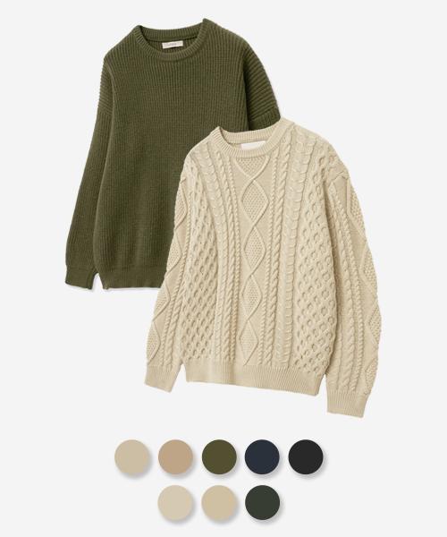 V2 [Set] Daily Washable Soft Hacci Knit + Cable Soft Knit_8 Colors (B Type) Navy/Oatmeal/L