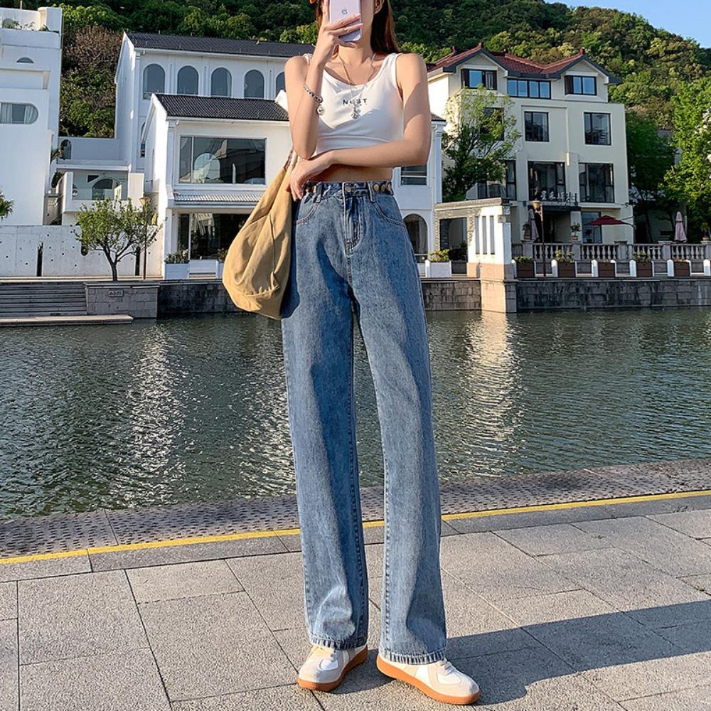 

Женские джинсы клеш весна и осень 2025 новая модель с маленькой высокой талией прямые свободные драпирующиеся брюки 2XL