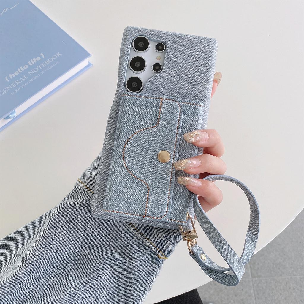 Luxus-Ledertasche für Samsung Galaxy S24 S23 S22 S21 S20 Plus Note 20 Ultra Denim-Muster Lanyard Spiegel Brieftaschenabdeckung