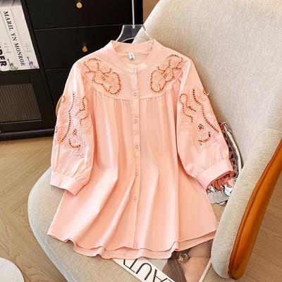 Stand-up Collar Seven-quarter Sleeve Embroidered Cotton and Linen Shirt Women's 2025 Summer New Loose and Thin Solid Color Cardigan Top