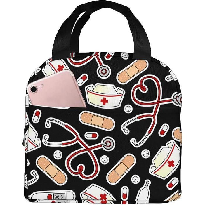Nurse Theme Lunch Bag for Women Insulated Tote Bag Reusable Cooler Lunch Box for Work Picnic Travel, One Size