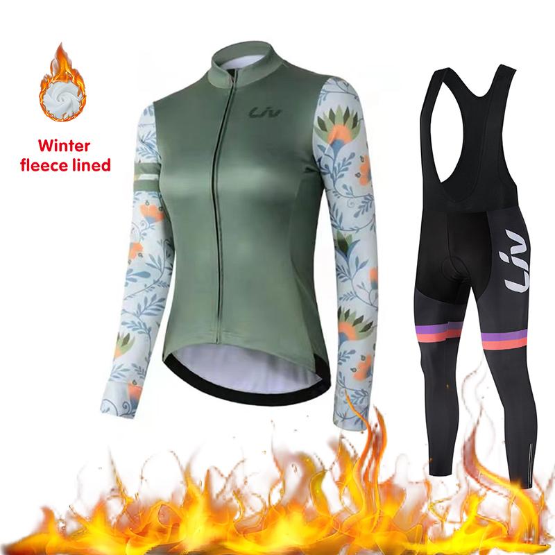2026 Women's Cycling Suit Set Winter Velvet Long Sleeved Cycling Jersey Knitted Sweater Cycling Bib Warm Cycling Sports Shir