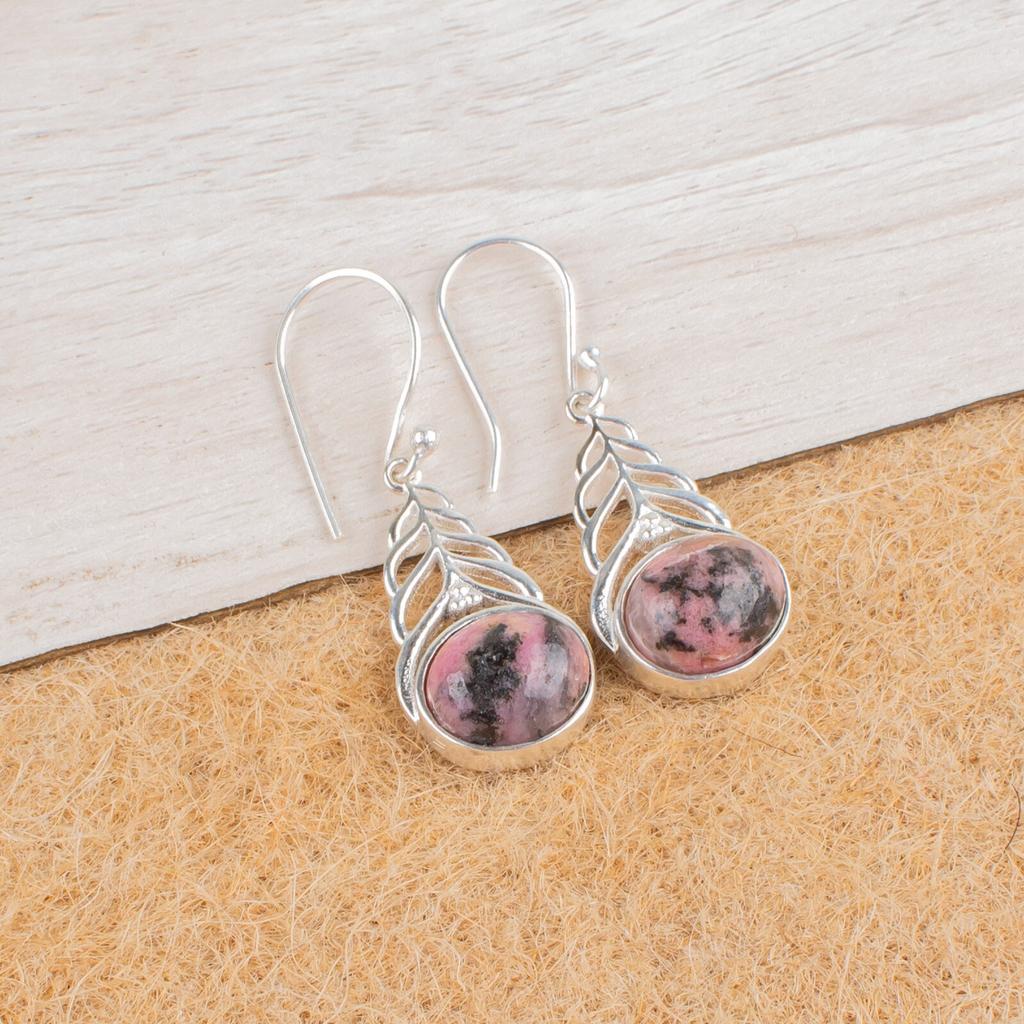 Natural Black Rhodonite Gemstone 925 Sterling Silver Jewelry Hook Earrings 1.64" CE-1-27