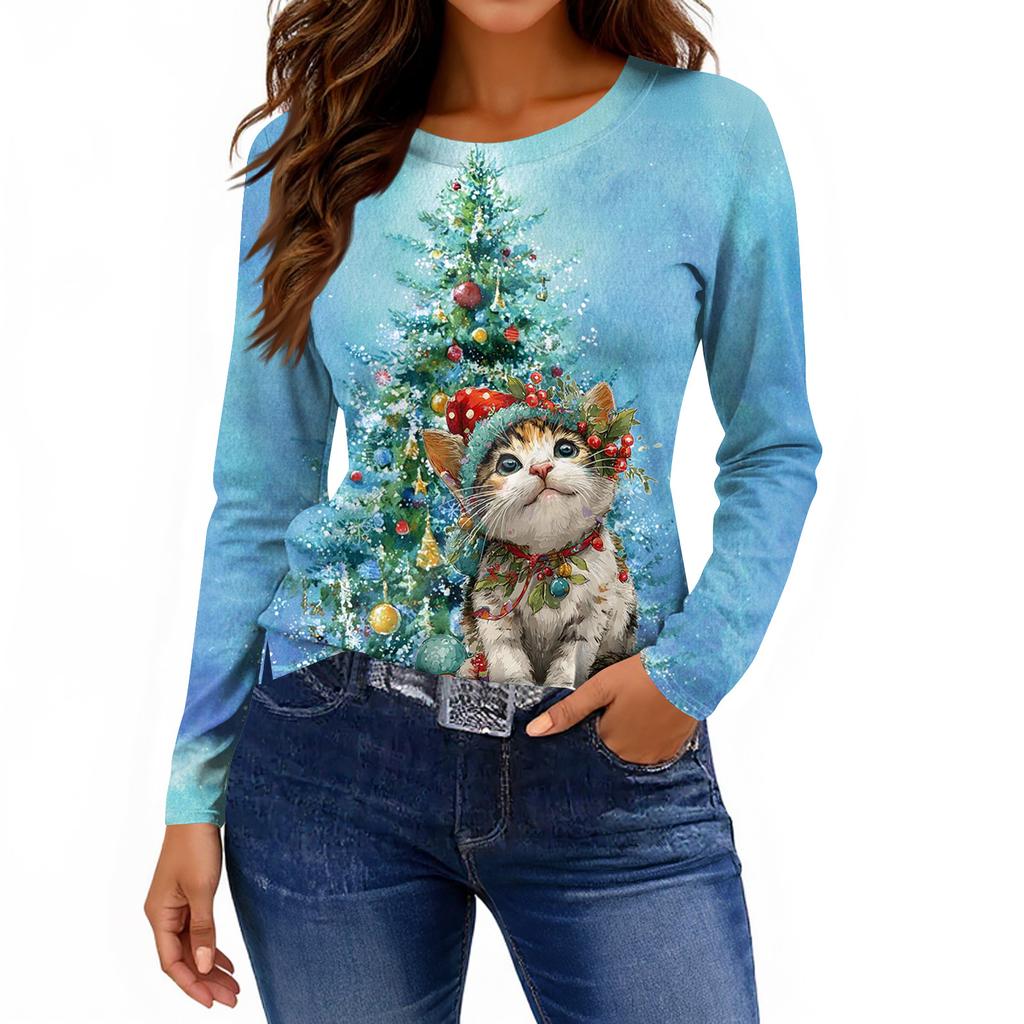 Women's Fashion Casual Slit Hem Round Neck Long Sleeve Loose Printed T-Shirt Ladies Top